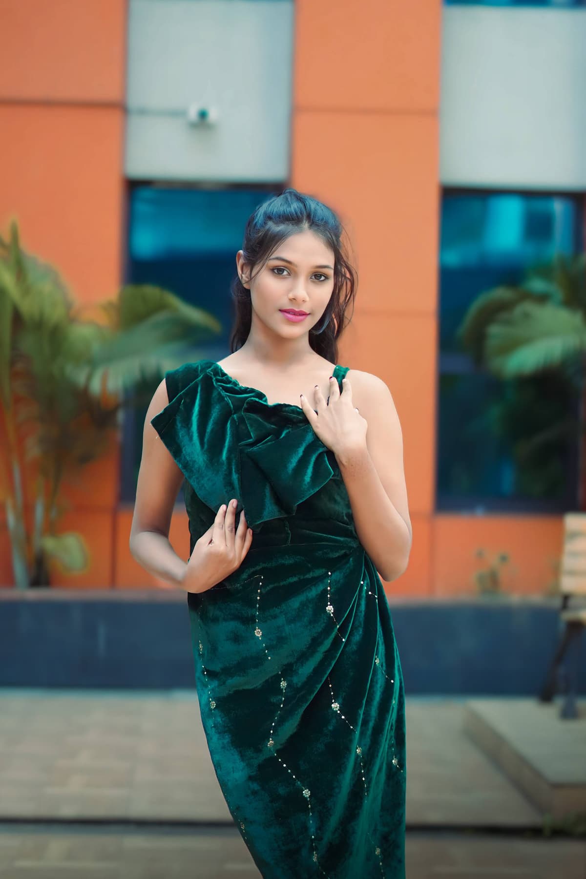 Velvet Cascade Asymmetric Emerald Gown with Crystal Detailing